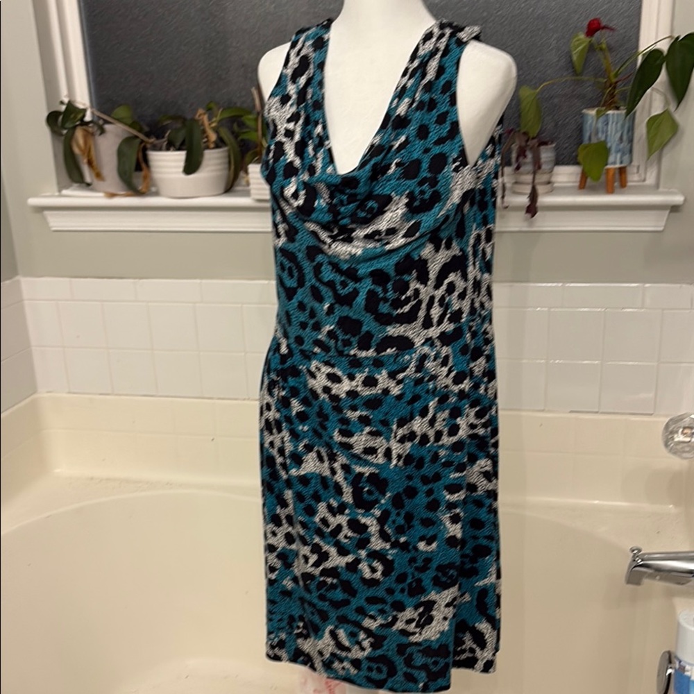 Banana Republic Blue and Black Sheath Dress with Cowl Neck